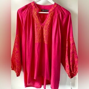 Calesa 1X Fuchsia Embroidered Boho Cotton Blouse Gold Stitch Tunic Top NWT